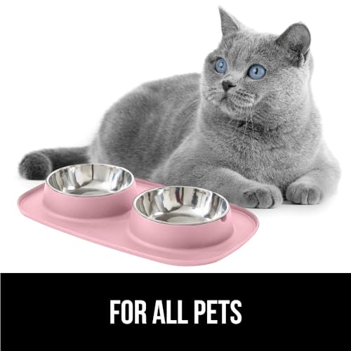 GORILLA GRIP Dog Bowl Set with Slip Resistant Silicone Feeding Mat, Food Grade 304 Stainless Steel Bowls, BPA Free, High Edge Spill Containment, Dishwasher Safe, Finger Notch Removal, 1 Cup, Pink - color: Light Pink, size: 1 Cup Bowls
