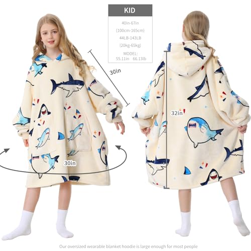 Aemicion Kids Wearable Blanket Hoodie-Shark Plush Hooded Blanket with Pockets, Cozy Fleece Sherpa Blanket as Gift for Boys Girls - color: Big Shark/Kids, size: Kids