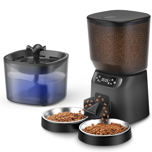 Automatic Cat Feeder and Water Dispenser Set, 5L/20 Cups Timed Cat Dry Food Dispenser, 2L Cats Water Fountain for Drinking with Filter, 10s Meal Call, 20 Portions 6 Meals Per Day - color: Black, size: 5L/20 Cups