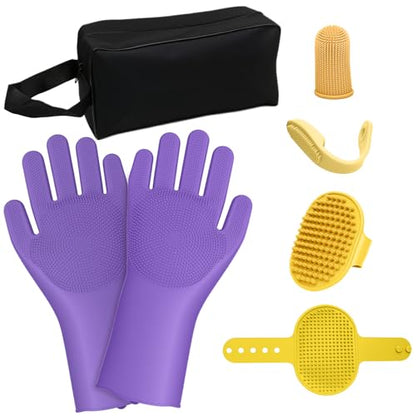 7PCS Pet Grooming Kit for Dogs and Cats | Dog Bath Brush | Washing Gloves | Cleanroom Gloves | Dog Shampoo Brush | Finger Toothbrushes | Storage Bag | All-in-One Pet Care (Purple) - color: Lavender Purple