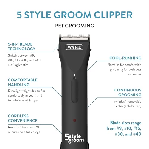 Wahl Pro Animal 5 Style Groom Clipper - Cat & Dog Clippers - Adjustable 5-in-1 Blade - Cordless Design - 80 Min Runtime
