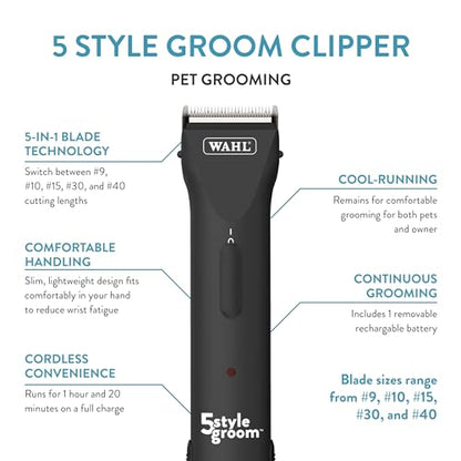 Wahl Pro Animal 5 Style Groom Clipper - Cat & Dog Clippers - Adjustable 5-in-1 Blade - Cordless Design - 80 Min Runtime