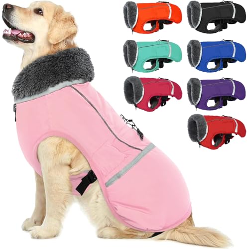QBLEEV Warm Dog Coat Reflective Dog Jacket, Waterproof Dog Winter Coat Turtleneck Dog Clothes for Cold Weather, Thick Fleece Dog Snowsuit Christmas Dog Vest Pet Apparel for Small Medium Large Dogs S - color: Pink, size: Small