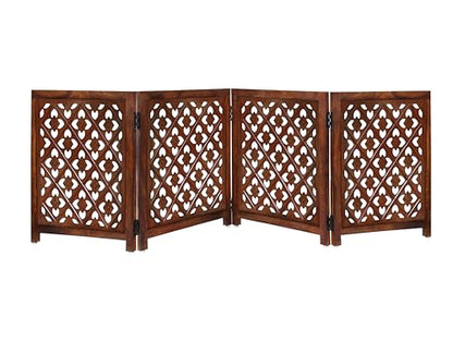 Wooden Foldable Pet Dog Safety Gate - 4 Panels Lattice 20 W x 24 H - Hand Carved Solid Wood & MDF - Free Standing Portable Indoor Doorway Hall Stairs Puppy Fence - Assembled - Antique Brown - IRONGATE