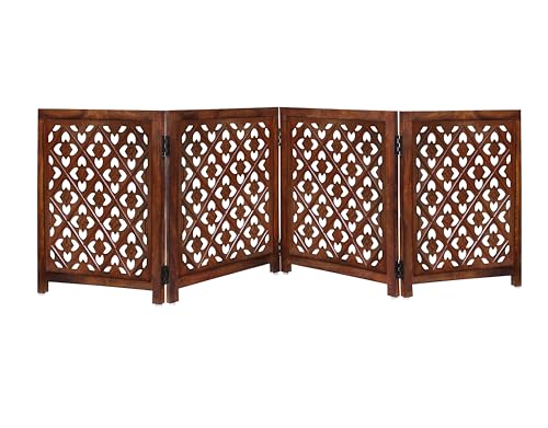 Wooden Foldable Pet Dog Safety Gate - 4 Panels Lattice 20 W x 24 H - Hand Carved Solid Wood & MDF - Free Standing Portable Indoor Doorway Hall Stairs Puppy Fence - Assembled - Antique Brown - IRONGATE