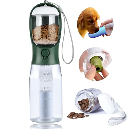 Dog Water Bottle with Food Container, Portable Pet Dog Water Dispenser for Outdoor Walking,Hiking,Travel,Puppy Essentials,Puppy Supplies,Replaceable Waste Bags - color: dark green, size: 20oz