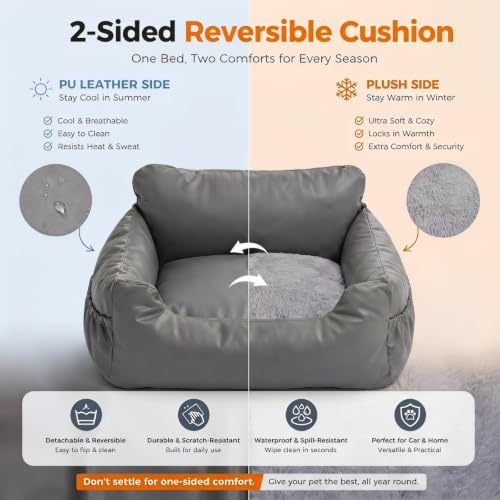 PAWZ Road Small Dog Car Seat, Pet Car Bed for Travel&Home, Waterproof Leather Dog Booster Seat with Safety Belts & Storage Pocket, Grey - size: Medium