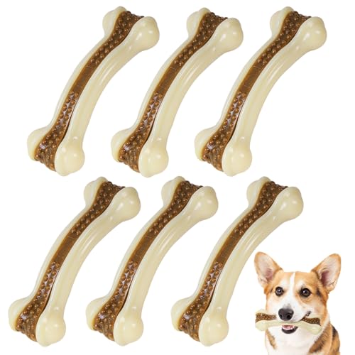 Dog Bones for Aggressive Chewers, 6 Pack Nylon Chew Toys, Real Beef Flavor, Durable Teething Toys for Medium/Small Dogs - size: Medium (6-Pack)