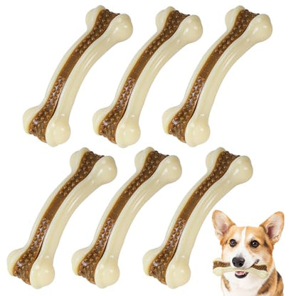 Dog Bones for Aggressive Chewers, 6 Pack Nylon Chew Toys, Real Beef Flavor, Durable Teething Toys for Medium/Small Dogs - size: Medium (6-Pack)