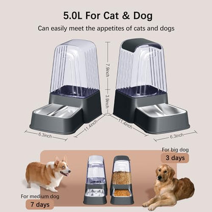 Automatic Dog and Cat Food Feeder and Water Dispenser Set with Stainless Steel Bowls,Gravity Pet Food and Water Feeders,100% BPA-Free,Large Capacity for Cats Dogs Pets… (5L Dark Gray) - color: 5L dark gray