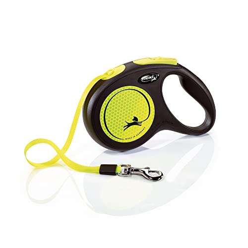 FLEXI® Neon Tape Retractable Dog Leash, Medium, 16 ft - Neon Yellow/Black | German engineered, original flexi leash, durable quality for dogs up to 55 lbs, tangle-free, walking, reliable brake system - color: Yellow/Black, size: Medium