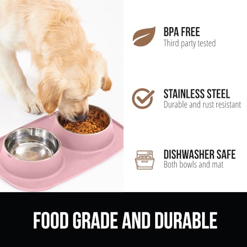 GORILLA GRIP Dog Bowl Set with Slip Resistant Silicone Feeding Mat, Food Grade 304 Stainless Steel Bowls, BPA Free, High Edge Spill Containment, Dishwasher Safe, Finger Notch Removal, 2 Cup, Pink - color: Light Pink, size: 2 Cup Bowls