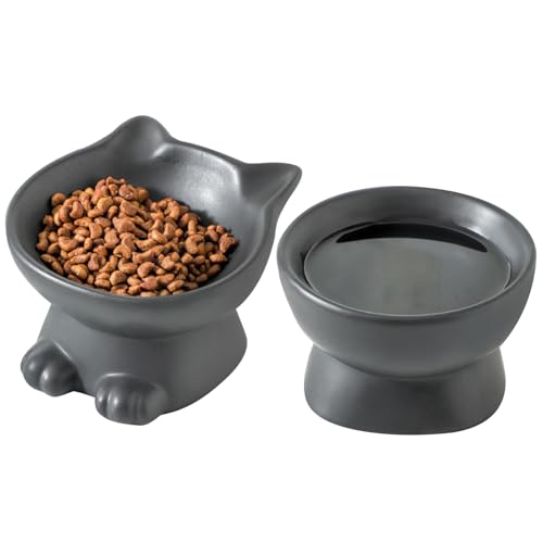 Nihow Elevated Cat Bowls,5 Inch Ceramic Raised Cat Food and Water Bowl Set | Slanted,Whisker Friendly,for Protecting Pet's Spine,Microwave & Dishwasher Safe ,Elegant Black 4.5 OZ, Set of 2 - color: Matte Black, size: 4.5 OZ+8 OZ