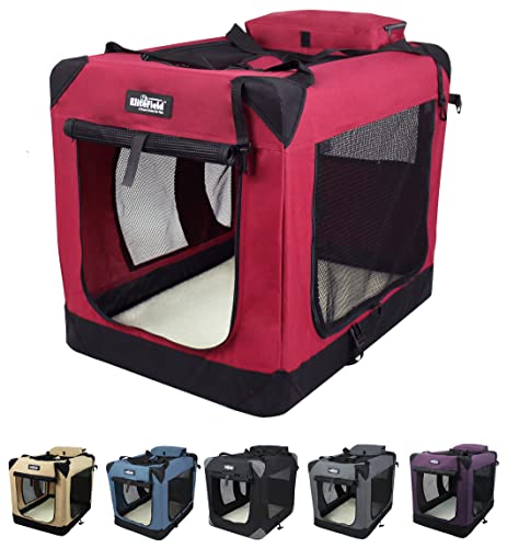 EliteField 3-Door Folding Soft Dog Crate with Carrying Bag and Fleece Bed (2 Year Warranty), Indoor & Outdoor Pet Home (20" L x 14" W x 14" H, Maroon) - color: Maroon, size: 20.0"L x 14.0"W x 14.0"H