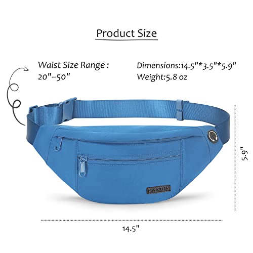 MAXTOP Large Crossbody Fanny Pack with 4-Zipper Pockets,Gifts for Enjoy Sports Festival Workout Traveling Running Casual Hands-Free Wallets Waist Pack Phone Bag Carrying All Phones - color: Blue(Washed Nylon with Blue Zipper), style: Large Fanny Pack(4 Zi