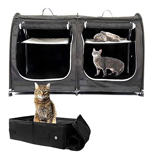 Mispace Portable 2 Pet Carriers for Cats Collapsible Cat Condo for Car Travel Pet Kennel Show Cages with Portable Carry Bag Hammocks Mats and Litter Box - color: Black