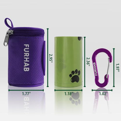 FURHAB Dog Poop Bag Holder for Leash Doggie Waste Bag Dispenser Soft Fabric Puppy Potty Carrier Small Doggy Zipper Pouch with Carabiner Clip 1680D Nylon Oxford with 1 Roll of Pet Trash Bags, Purple - color: Purple
