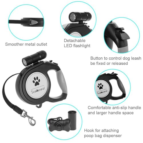 SCENEREAL Heavy Duty Retractable Dog Leash 26 FT with LED Flash Light & Poop Bag Dispenser for up to 110 LB Small Medium Large Dogs Outdoor Walking & Training - color: With Light (Black /26ft)