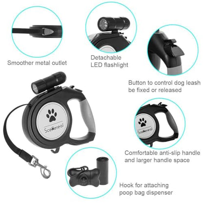 SCENEREAL Heavy Duty Retractable Dog Leash 26 FT with LED Flash Light & Poop Bag Dispenser for up to 110 LB Small Medium Large Dogs Outdoor Walking & Training - color: With Light (Black /26ft)