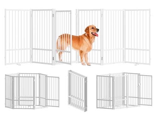 SNUOWU Full Metal Freestanding Dog Gate with Door, 32''Height Foldable Pet Dog Fence for Indoor & Outdoor, 6 Panels Extra Wide Free Standing TallDog Gates for Doorways,House,Stairs,Porch,Deck,Yard - color: White, size: 【6 Panels】120"W*32H"
