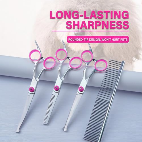 5-in-1 Pet Grooming Scissors for Dogs at Home, Stainless Steel Straight Thinning Curved Shears & Comb Pet Grooming Scissors Set with Storage Bag Hair Trimming Tools for Cat and Dog