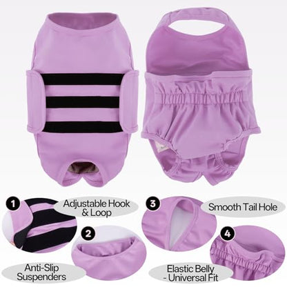 Lelepet Reusable Dog Diapers Female, Dog Period Panties, Washable Belly Band Dog with Suspenders, Girl Dog Diapers for Heat, Soft Adjustable Small Doggy Onsie with Hole Tail, Purple, XS - color: Purple, size: XS