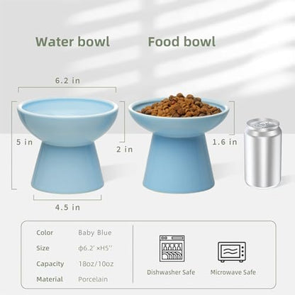 CEEFU 2 Elevated Ceramic Cat Bowls Extra Wide for Food & Water – Whisker Fatigue Shallow Food Dish, Lead & Cadmium-Free, Raised Height for Cats, Blue - color: Baby Blue