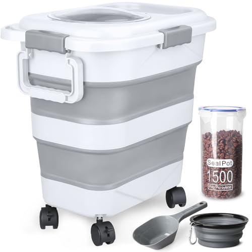 Dog Food Storage Container，10-25 lbs Airtight Collapsible Cat Food Storage Container with Attachable Wheels, Portable Handle, Dog Food Scoop for Dog Cat Bird Pet Dry Food Storage Bin Light Grey - color: Light Grey, size: Large