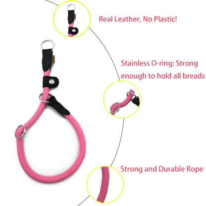 Braided Round Martingale Dog Collar, Training Collar with Slidable Stop Ring and Adjustable Stopper - Ideal for Medium Dogs (M(1/3") - 18" Long, Pink) - color: Pink, size: M(1/3") - 18" Long with stopper