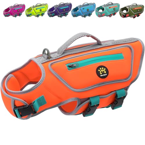 High Buoyancy Life Jacket for Dogs, Dog Life Vest for Swimming Adjustable Reflective Dog Floating Vest, Good Visibility Pet Life Preserver with Rescue Handle for Medium Dogs, Orange, M - color: Orange, size: Medium