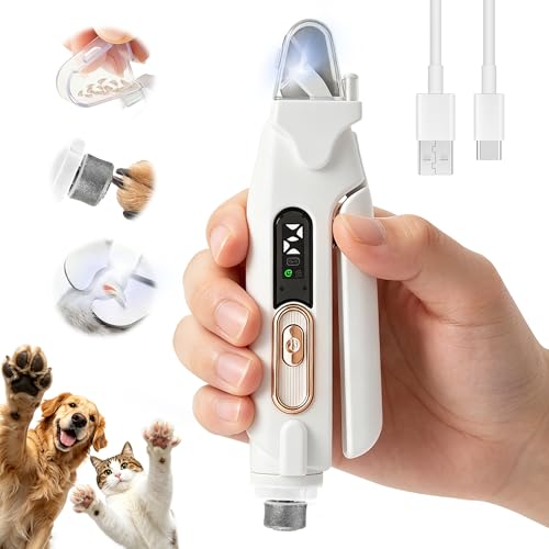 2-in-1 Dog Nail Grinder & Clipper - Quiet Electric Trimmer with Light, 2 Speeds, Rechargeable for Small Medium Large Dogs & Cats | Splash Guard & Safety Lock, Painless Grooming Tool