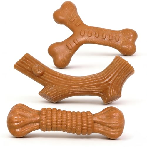 SCHITEC Dog Toys for Aggressive Chewers, 3 Pack Nylon & Wood Dog Chew Toy, Tough Chew Bone for Large Dogs 90-120lbs, Indestructible Teething Dog Toy, Chicken Flavor (Large) - style: Large