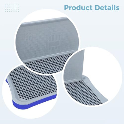 Dog Toilet with Wall, 20.1 x 15.6 in Puppy Potty Training Pad Holder, ABS Indoor Potty Tray with Removable Post, Quick Drain Grate, for Small Medium Dogs, Blue Gray
