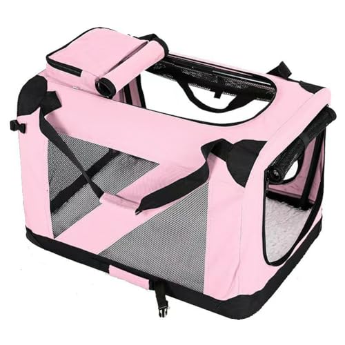 4 Door Foldable Collapsible Dog Crate Portable Travel Cage Oxford Fabric Carrying Bag Fleece Bed Storage Pockets Kennel Large Medium Small,Pink,XL - color: Pink, size: XL
