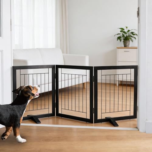 Dog Fence Indoor - 3-Panel Freestanding Dog Gate for Doorways, Hallways, House or Stairs -60x24-Inch Retractable Foldable Expandable Wood Pet by SFJC (Black) - color: Black, size: 【3 Panels】60''w X 24''h