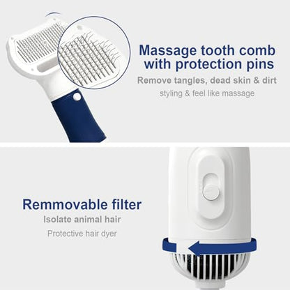 3-in-1 Dog Hair Dryer with Slicker Brush for Small and Medium-Sized Dogs and Cats Pet Hair Dryer Dog Blow Dryer Portable Overheat Protection Adjustable Temperature