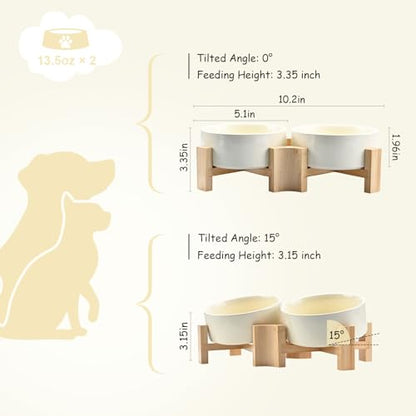 SPUNKYJUNKY 15° Slanted Ceramic Dog and Cat Bowl with Wooden Stand, Tilted Bulldog Food and Water Bowl No Slip Non-Spill for Cats Medium Dogs Big Face Pets 13.5 OZ (1.7 Cups, Beige × 2) - color: Beige, size: 1.7 CUPS × 2
