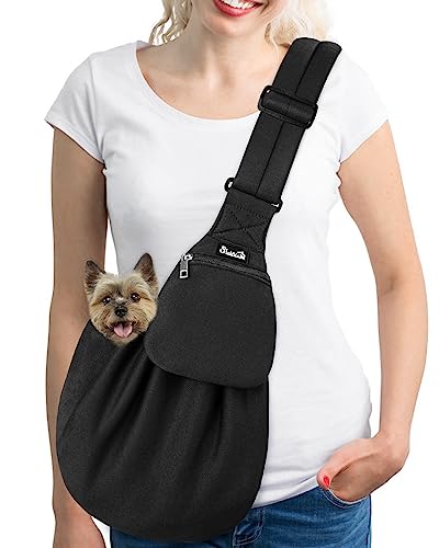 SlowTon Dog Carrier Sling - Thick Padded Shoulder Strap Adjustable Dog Carriers for Small Dogs, Puppy Carrier Purse for Pet Cat with Front Zipper Pocket Safety Belt Machine Washable (Dark Black, M) - color: E-Ink Knitted Fabric