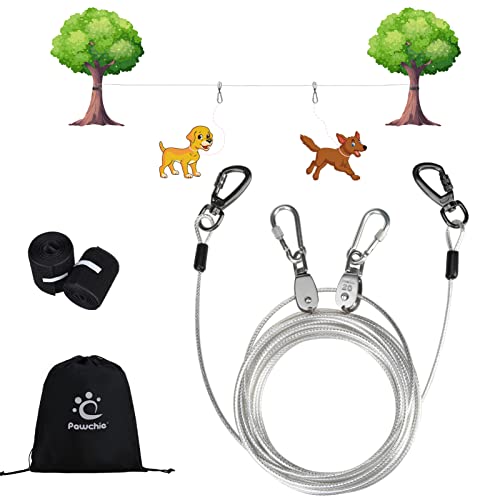 PAWCHIE Dog Tie Out Cable for Camping - 50ft Portable Overhead Trolley System for Dogs up to 200lbs, Heavy Duty Reflective Steel Wire Dog Runner for Yard, Parks, Outdoor Events - color: Silver, size: 50FT