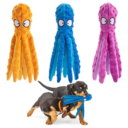 Alphatool Squeaky Dog Toys - 3pcs No Stuffing Octopus Soft Plush Crinkle Toys to Keep Them Busy, Interactive Essentials for Small Medium Pets Dogs Gifts, Blue/Purple/Orange - color: Blue&Purple&Orange