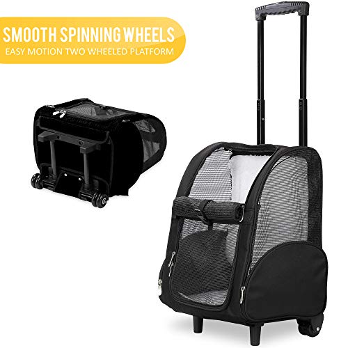 KOPEKS Deluxe Backpack Pet Travel Carrier with Double Wheels for Pets up to 10 Pounds - Black - Approved by Most Airlines - color: Black, size: 13.0"L x 12.0"W x 20.0"H