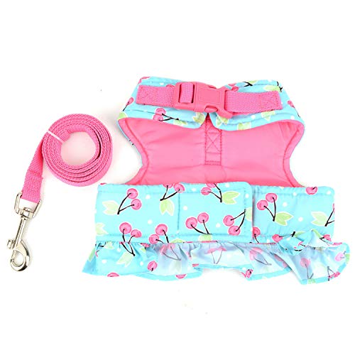 Zunea No Pull Small Dog Girl Harness Dress Escape Proof Cat Kitten Vest Harness Leash Set Step-in Soft Cotton Padded Cherry Printed Jacket Chihuahua Puppy Clothes with Bow for Walking Blue S - color: blue cherry, size: S (Chest:14.5-15.7", Neck:9-9.8")