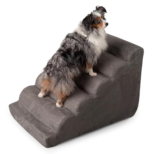Snoozer Scalloped Pet Stairs for Dogs - Large Foam 5 Step Pet Stairs with Removable, Washable Cover - Secure & Durable 21" H - Lightweight Pet Ramp with 100lbs Capacity - Anthracite