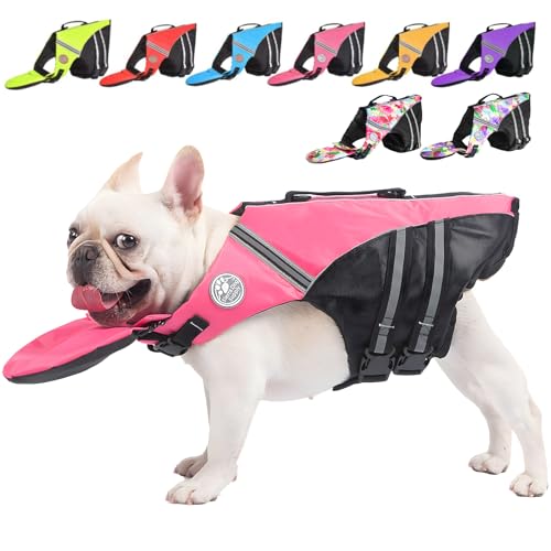 Dog Life Jacket, French Bulldog Life Vest for Swimming Boating, Dog Swim Vest with Chin Float and Rescue Handle, High Flotation Puppy Life Jackets (Chest Girth: 17" to 30", Weight: 17" to 28" LB) - color: Cute Pink