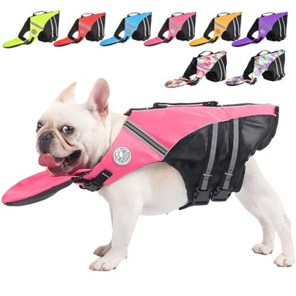 Dog Life Jacket, French Bulldog Life Vest for Swimming Boating, Dog Swim Vest with Chin Float and Rescue Handle, High Flotation Puppy Life Jackets (Chest Girth: 17" to 30", Weight: 17" to 28" LB) - color: Cute Pink