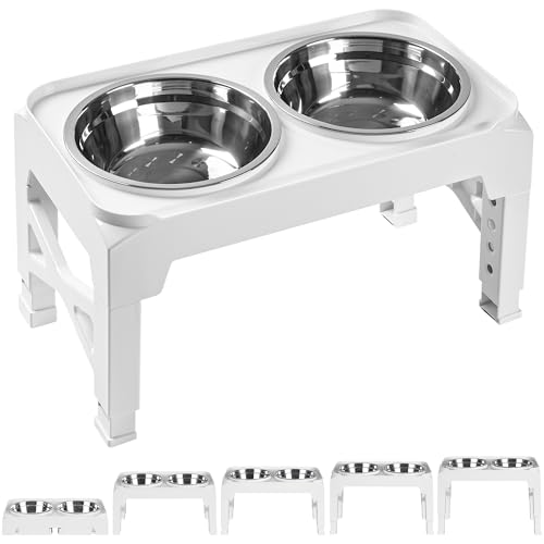 Elevated Dog Bowls with 2 Stainless Steel Food & Water Raised Bowls with No Spill Edge Non-Slip Stand Adjusts to 5 Heights(3.2", 8.77", 9.9",11.1", 12.3") for Small Medium Large Dog and Pet White - color: White, size: M (8" for M/L Dogs)