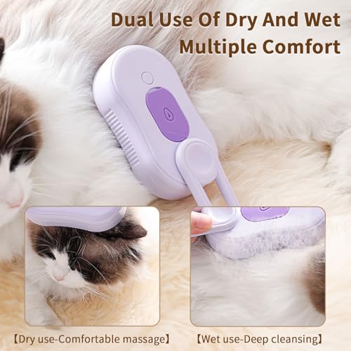 2 Pcs Pet Spray Massage Brush, Cat Hair Steam Brush for Shedding,Cleaning Pet Brush for Massage and Bathing with One Click Spray,Silicone Grooming Spray Comb with 360° Rotating Arm - color: purple+purple