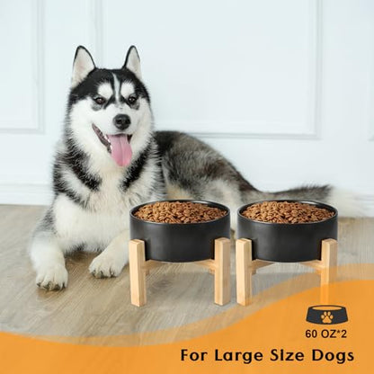 SPUNKYJUNKY Ceramic Elevated Dog Bowls 2 Pack - 8.3inch Raised Dog Bowls with Non-Slip Wooden Stand for Large Dogs Dishwasher Safe(Black,60OZ*2) - color: Black, size: Large - 7.6 CUPS*2