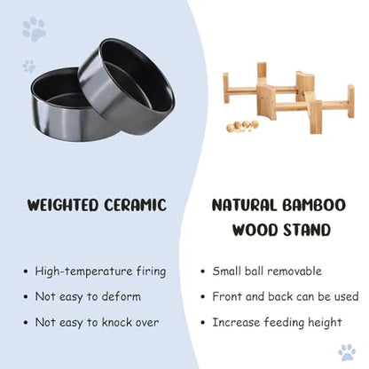 SPUNKYJUNKY 15° Slanted Ceramic Dog and Cat Bowl with Wooden Stand, Tilted Bulldog Food and Water Bowl No Slip Non-Spill for Cats Medium Dogs Big Face Pets 28.7 OZ (3.6 Cups, Black × 2) - color: Black, size: 3.6 CUPS × 2