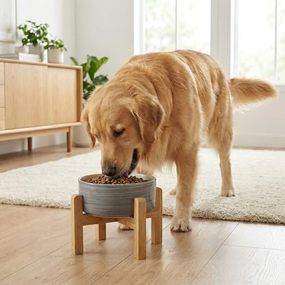 hjn Elevated Ceramic Dog Bowl with Bamboo Stand, Raised Pet Feeding Station for Small Medium Dogs Cats, Modern Design with Anti-Slip Base (White Gray, 7.6Cup) - color: White Gray, size: 7.6Cup